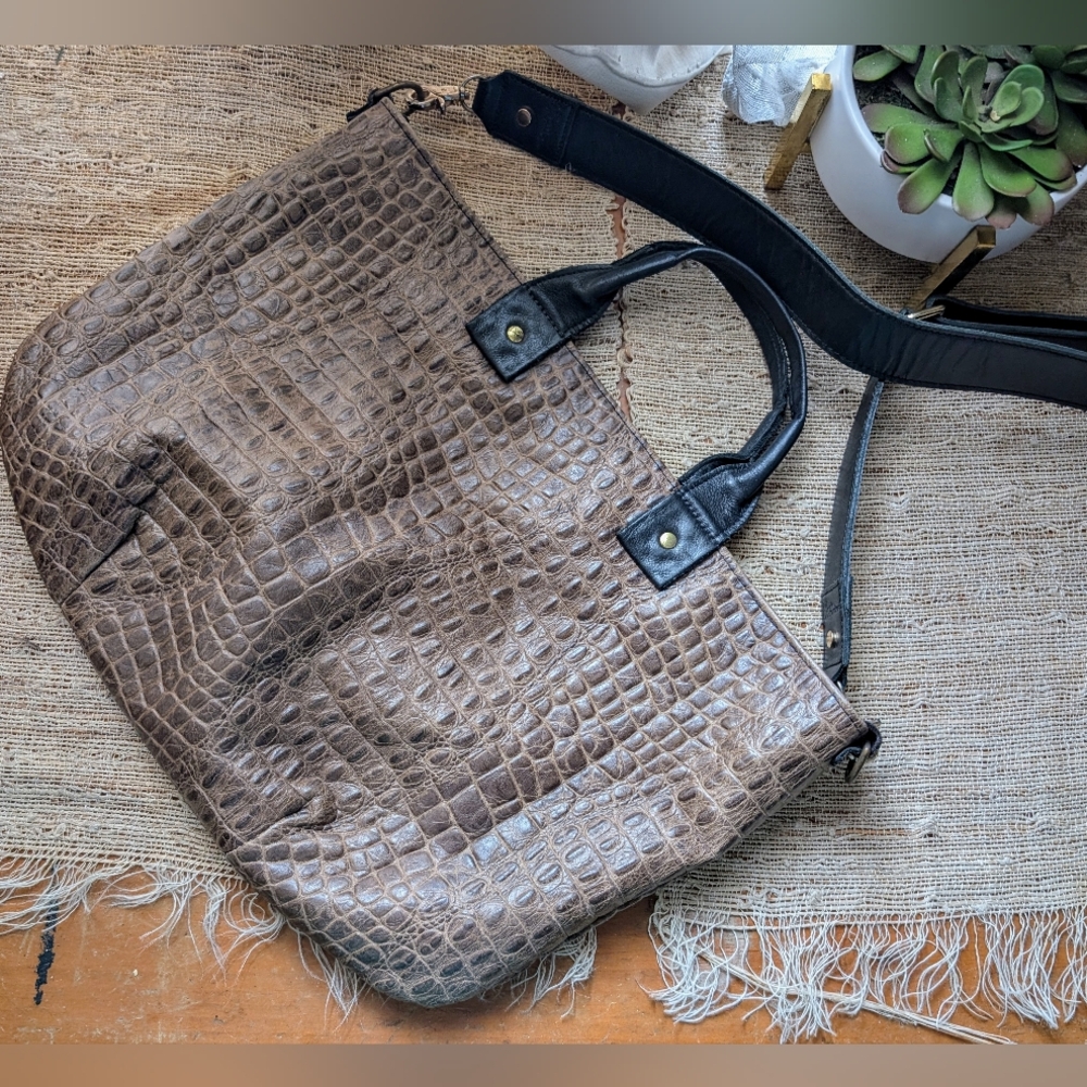 Clare V Croc-Embossed Tote in Brown with Black Handles - Picture 3 of 5